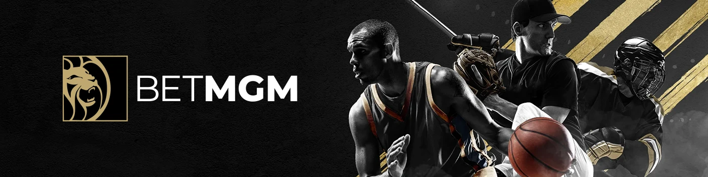 BetMGM Sportsbook desktop banner showcasing professional American sports players from football, basketball, and others