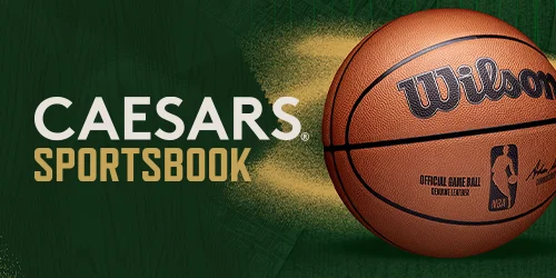 Caesars Sportsbook logo and an official NBA game basketball.