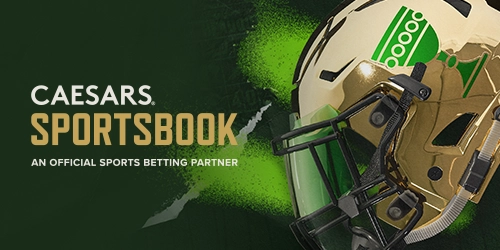 Caesars Sportsbook logo with "AN OFFICIAL SPORTS BETTING PARTNER" text and a Notre Dame football helmet.