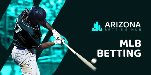 Arizona Betting Hub logo and MLB BETTING text with a baseball player hitting a ball.