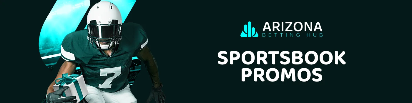 Arizona Betting Hub logo and SPORTSBOOK PROMOS text with a football player holding a gift.