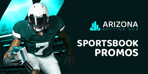 Arizona Betting Hub logo and SPORTSBOOK PROMOS text with a football player holding a gift.