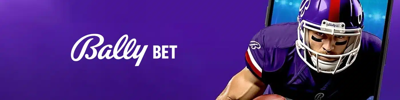 Bally Bet logo and imagery related to sports betting, featuring a football player.