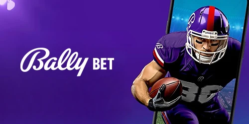 Bally Bet logo and imagery related to sports betting, featuring a football player.
