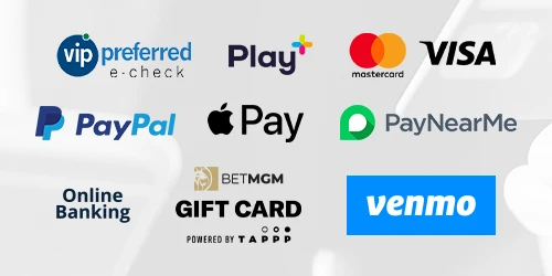 Payment options including VIP Preferred e-check, Play+, Mastercard, Visa, PayPal, Apple Pay, PayNearMe, Online Banking, BetMGM Gift Card, and Venmo.