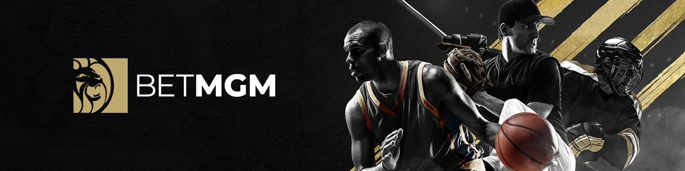 BetMGM logo and athletes from different sports like basketball, baseball, and hockey.
