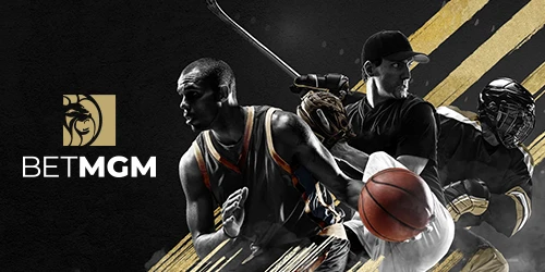 BetMGM logo and athletes from different sports like basketball, baseball, and hockey.