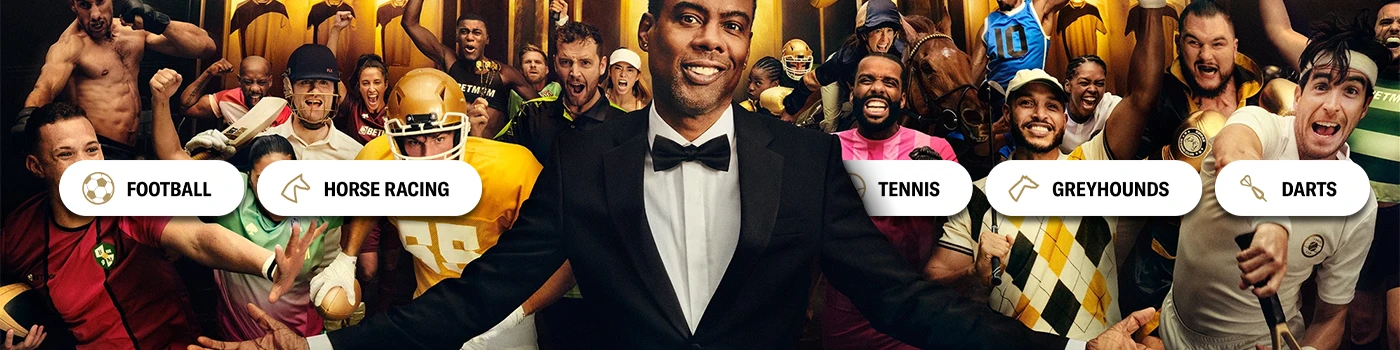 Chris Rock among people related to various sports, with text overlays for betting options including Football, Horse Racing, Tennis, Darts, and Greyhounds.