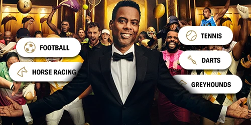 Chris Rock among people related to various sports, with text overlays for betting options including Football, Horse Racing, Tennis, Darts, and Greyhounds.