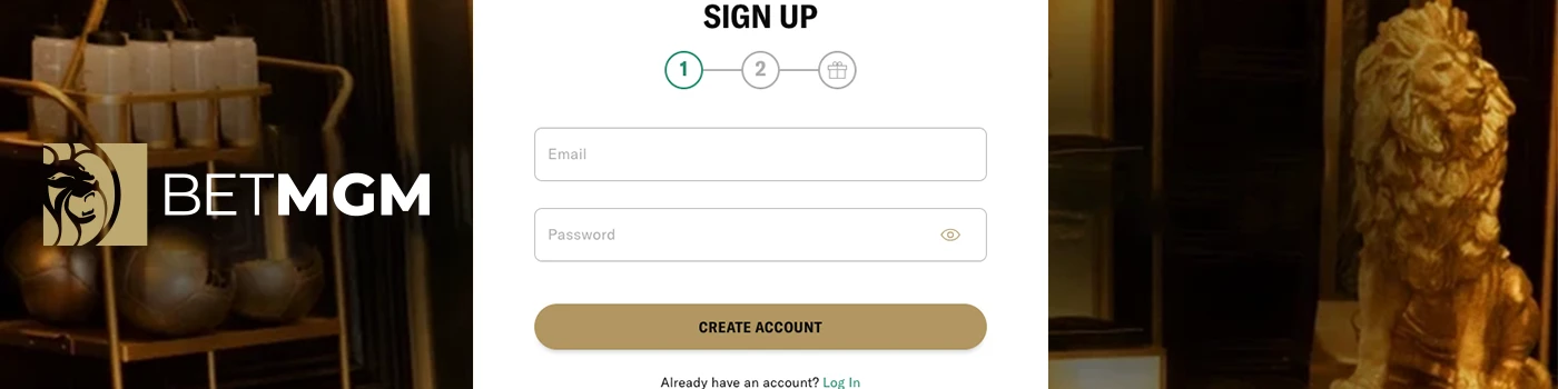 BetMGM logo and online sign up page with email and password fields.