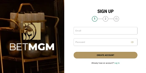 BetMGM logo and online sign up page with email and password fields.