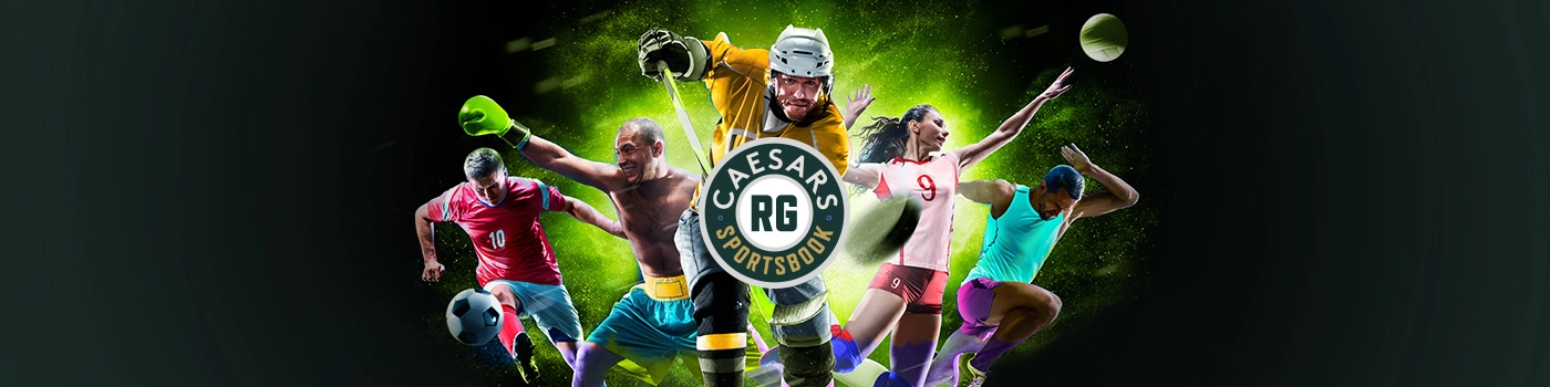 Caesars RG Sportsbook logo with athletes from various sports: soccer, boxing, hockey, volleyball, and running.