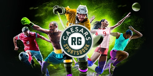 Caesars RG Sportsbook logo with athletes from various sports: soccer, boxing, hockey, volleyball, and running.