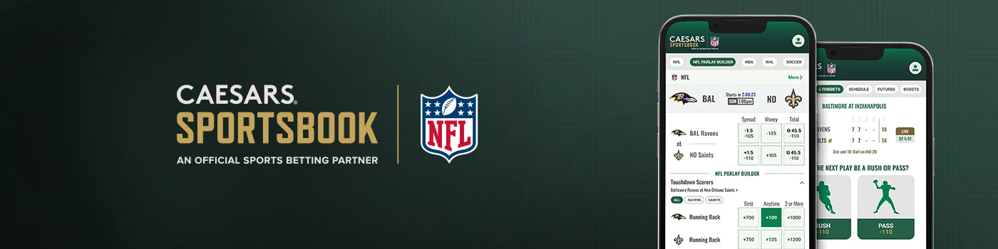 Caesars Sportsbook logo, official NFL partner logo, and mobile app screenshots displaying NFL betting odds and live game information.