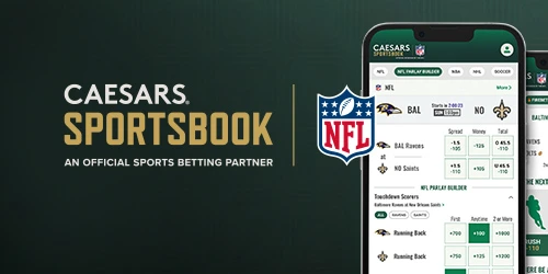Caesars Sportsbook logo, official NFL partner logo, and mobile app screenshots displaying NFL betting odds and live game information.