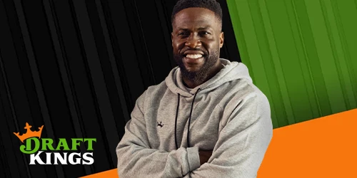 DraftKings logo and smiling comedian Kevin Hart.