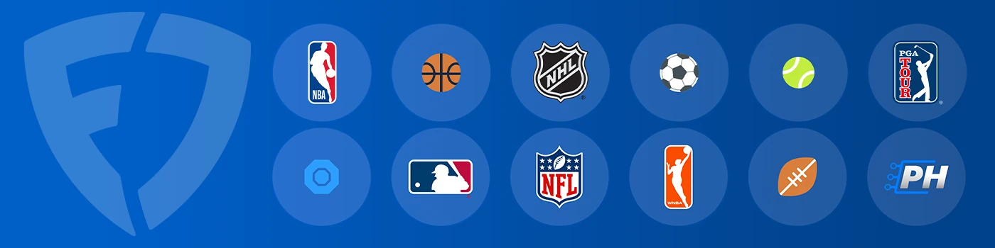 FanDuel desktop banner with logo followed by icons for various sports and leagues, including NBA, basketball, NHL, soccer, tennis, PGA Tour, MLB, NFL, WNBA, football, and PH