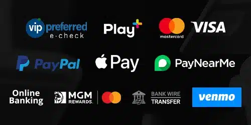 Payment options for BetMGM Arizona including VIP Preferred e-check, Play+, Mastercard, Visa, PayPal, Apple Pay, PayNearMe, Online Banking, BetMGM Gift Card, and Venmo.