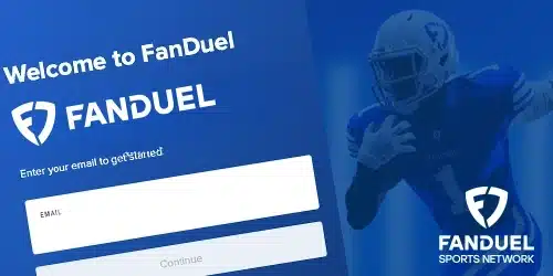fanduel registration banner with the screen of a mobile phone and NFL player on a blue background